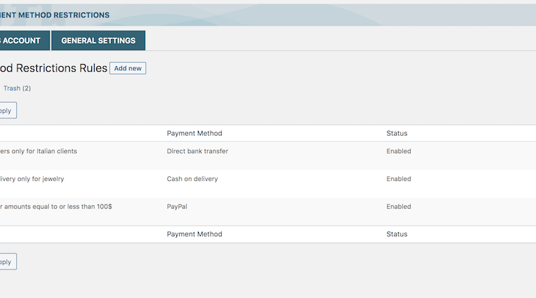 Payment method restrictions rules