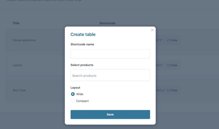 Table shortcodes